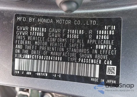 2018 Honda Civic Touring из США, поврежденный, VIN JHMFC1F90JX041698